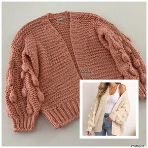 Bubble Sleeve Chunky Knit Open Front Vintage Pink Cardigan